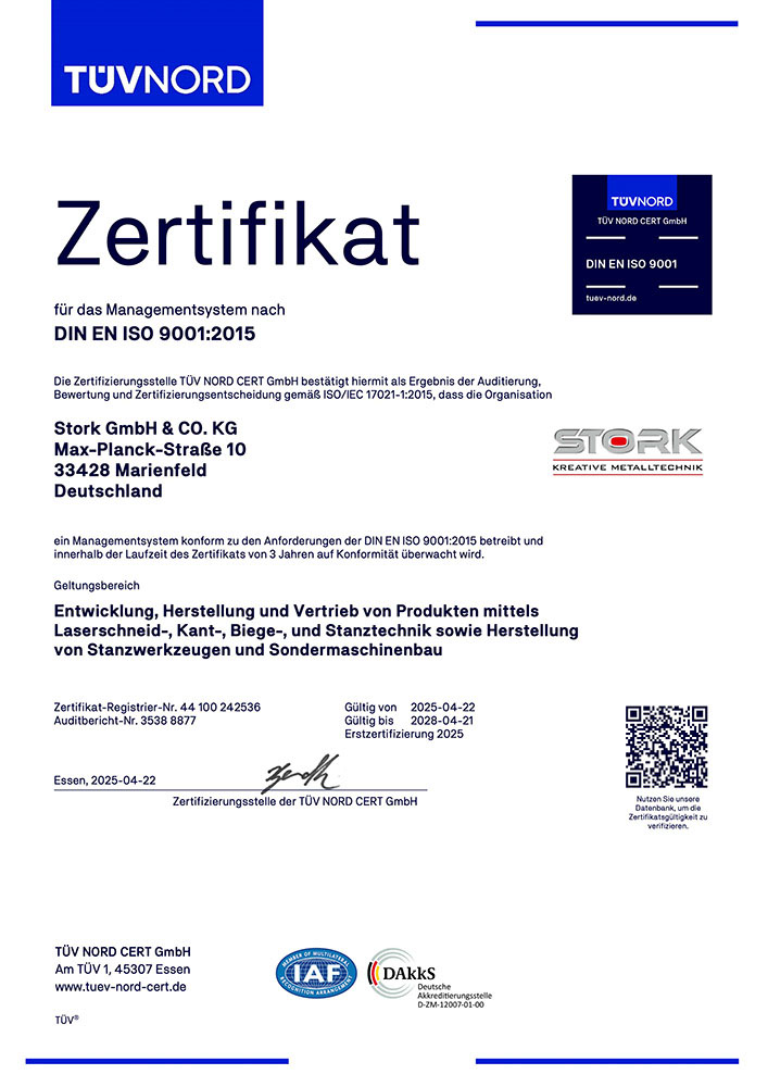Stork | Kreative Metalltechnik | News | Zertifikat Managementsystem 9001:2015 Stork | Kreative Metalltechnik | News | Zertifikat Managementsystem 9001:2015