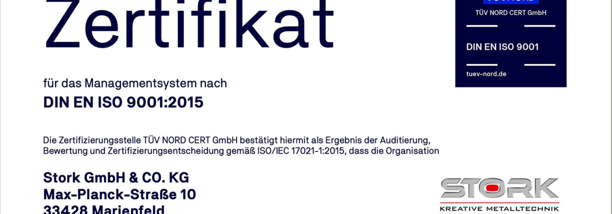 Stork | Kreative Metalltechnik | News | Zertifikat Managementsystem 9001:2015