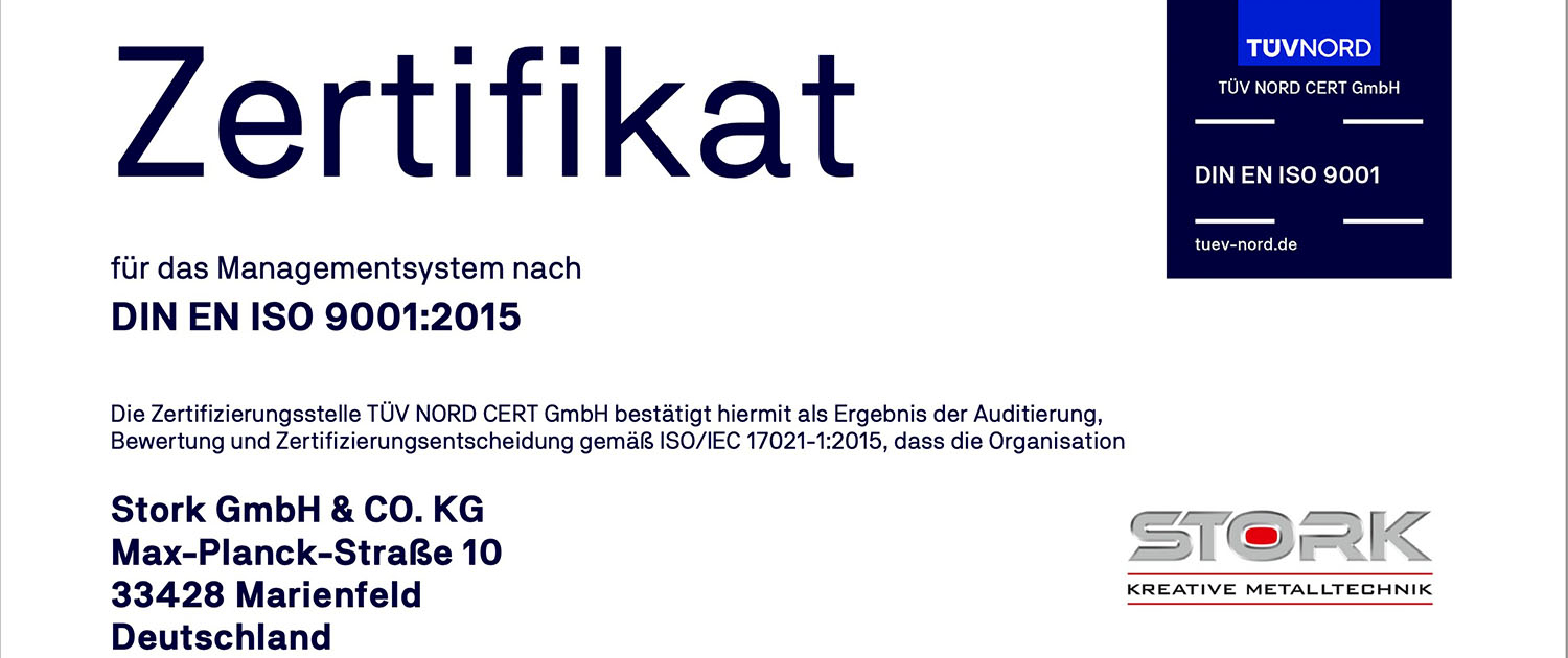 Stork | Kreative Metalltechnik | News | Zertifikat Managementsystem 9001:2015